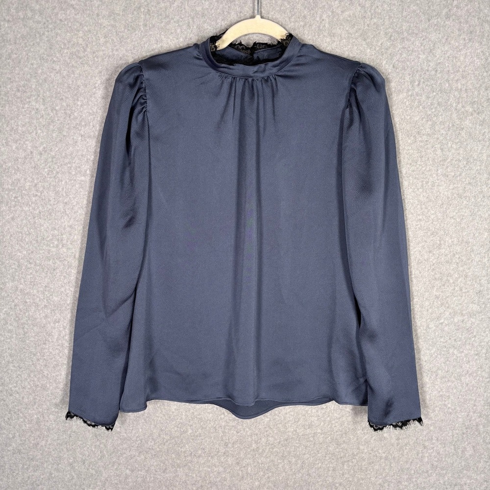 Express Lace Satin Blouse Large Blue Mock Neck Puff Victorian Ethereal Coquette